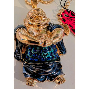 Betsey Johnson Buddha Blue Necklace NWT Rhinestone Statement Pendant Y2K 2010s